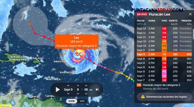 [VIVO] Hurricane Lee, now in category 3, continues its march northeast of the Antilles