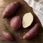 Batatas enteras y cortadas, foto cenital