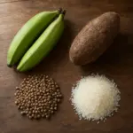 Plátano, ñame, guandules y arroz, foto cenital