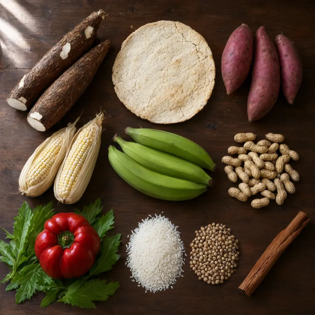 Ingredientes dominicanos ordenados por grupos, foto cenital