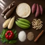 Ingredientes dominicanos ordenados por grupos, foto cenital