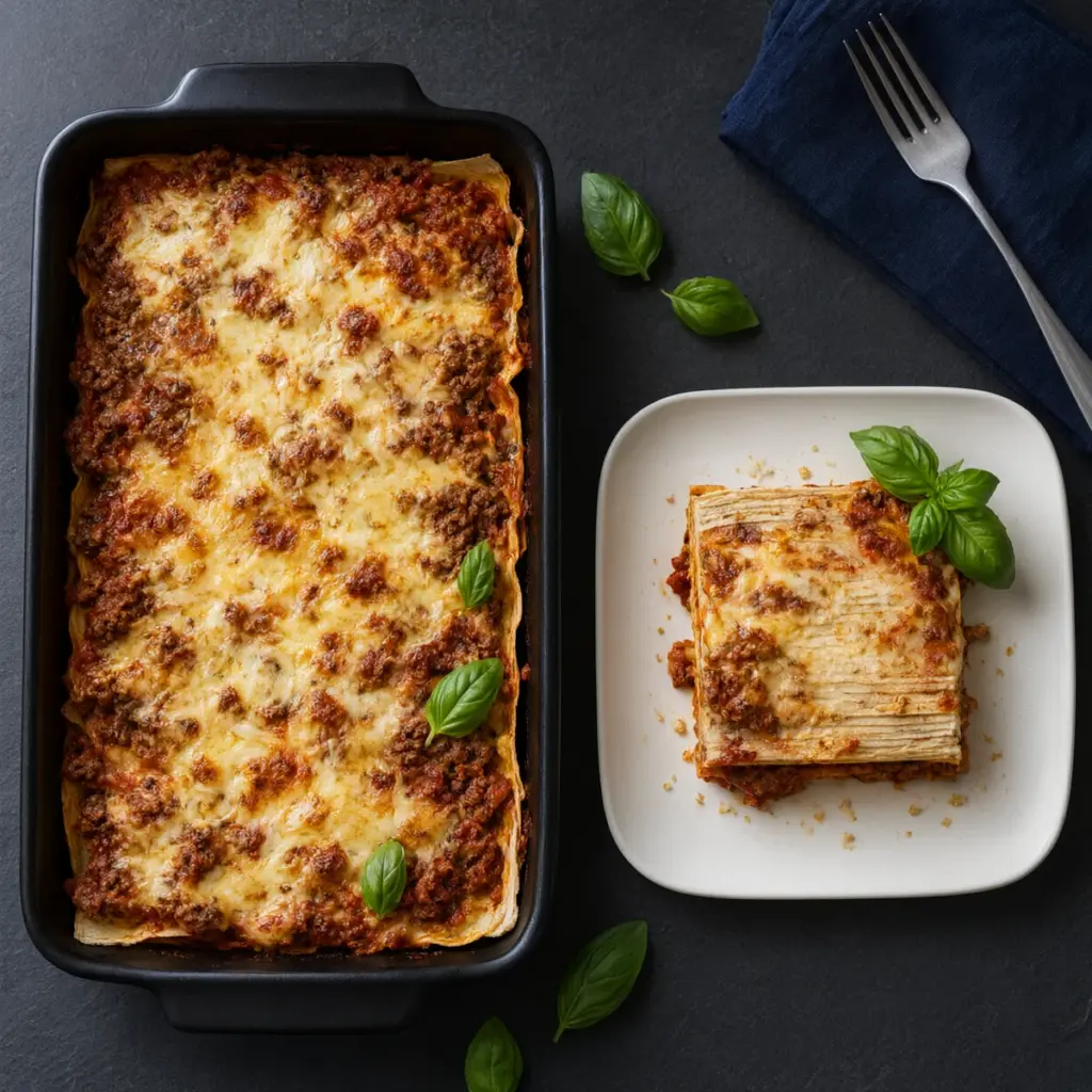 Casabe lasagna, overhead photo with a slice lifted