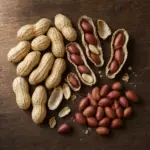 Maní con cáscara y pelado, foto cenital