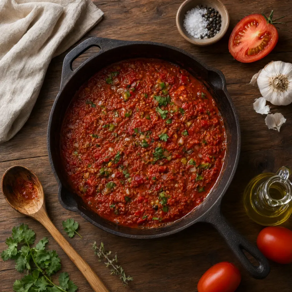 Salsa de tomate casera dominicana en sartén, foto cenital