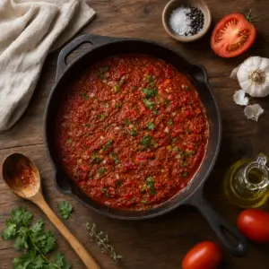 Salsa de tomate casera dominicana en sartén, foto cenital