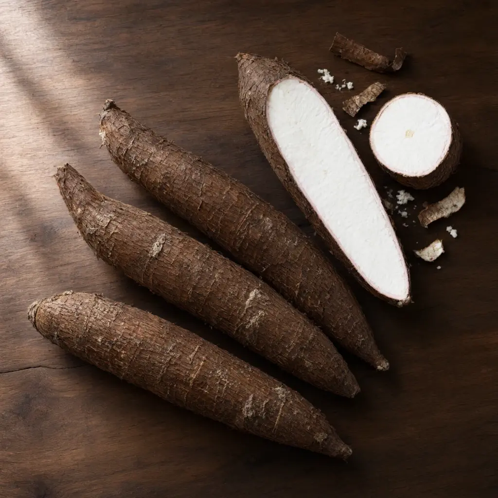 Raíces de yuca cortadas, foto cenital